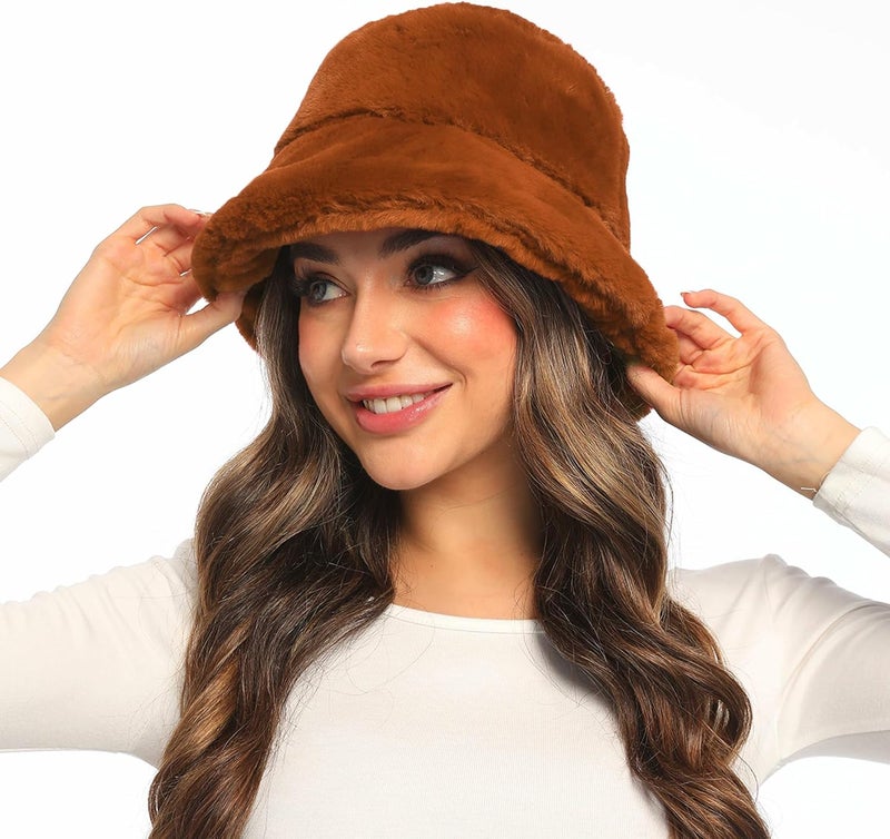 Umeepar Winter Faux Fur Fuzzy Bucket Hat Fluffy Warm Hat for Women Men - Image 3