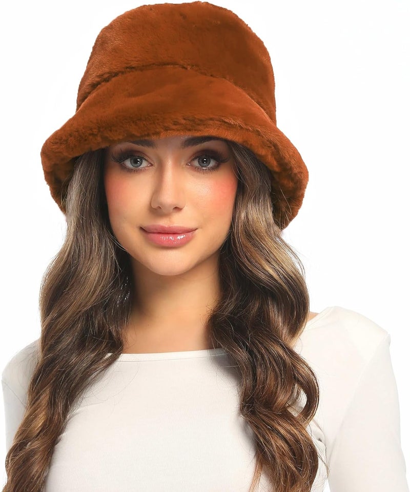 Umeepar Winter Faux Fur Fuzzy Bucket Hat Fluffy Warm Hat for Women Men - Image 2