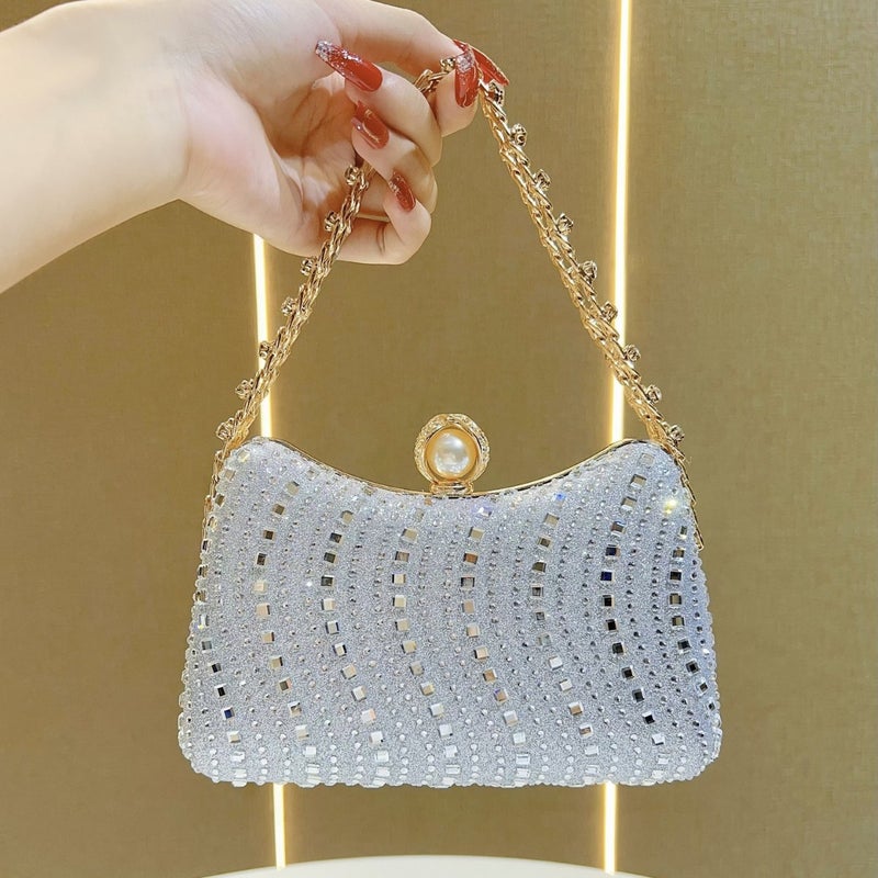 New Cross-border European and American Retro Style Fashion Diamond Bag Rhinestone Handbag Chain Bag High-end Sense Crossbody Evening Bag Silver