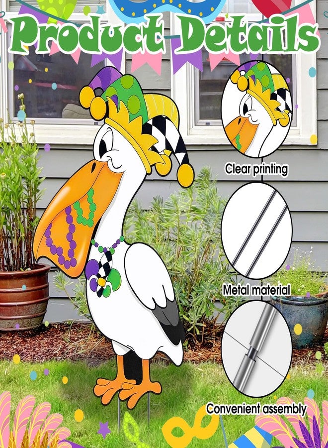 Otoolling Mardi Gras Pelican Yard Sign with Stakes, 22" Outdoor Metal Pelican with Crown & Beads Metal Yard Signs New Orleans Carnival Garden & Lawn Decoration for Mardi Gras Party Outdoor Decor - Image 3