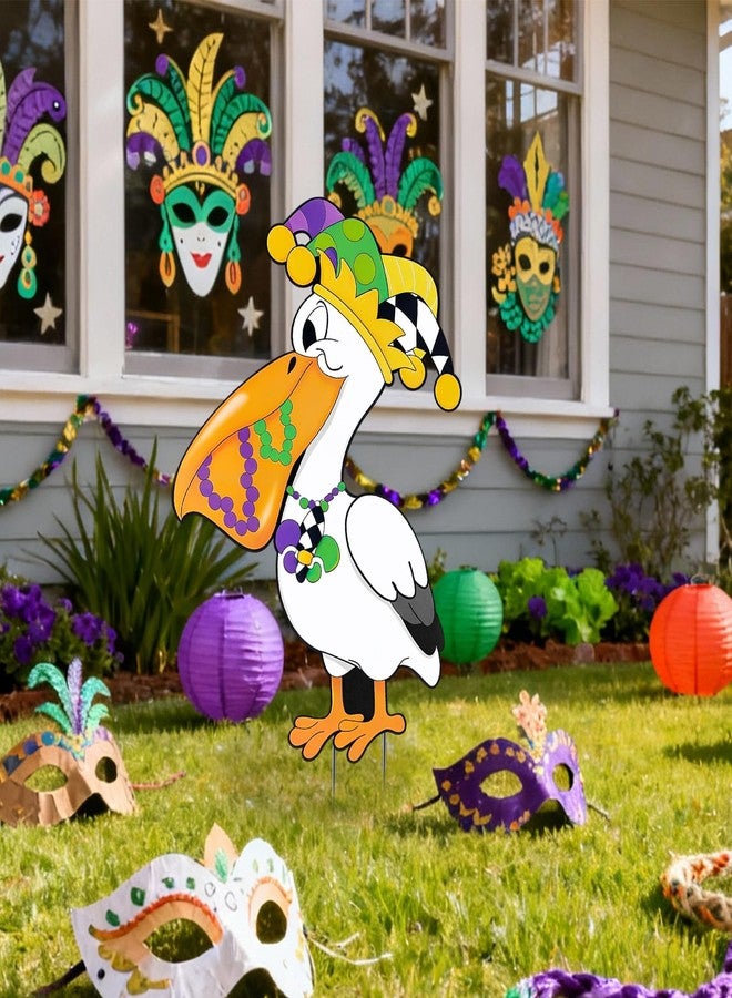 Otoolling Mardi Gras Pelican Yard Sign with Stakes, 22" Outdoor Metal Pelican with Crown & Beads Metal Yard Signs New Orleans Carnival Garden & Lawn Decoration for Mardi Gras Party Outdoor Decor - Image 4