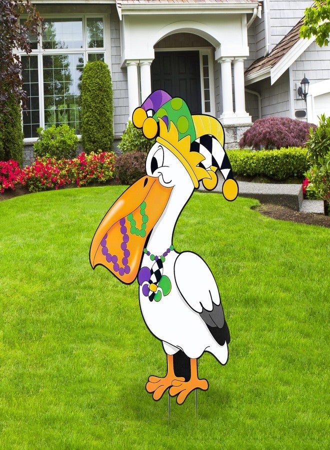 Otoolling Mardi Gras Pelican Yard Sign with Stakes, 22" Outdoor Metal Pelican with Crown & Beads Metal Yard Signs New Orleans Carnival Garden & Lawn Decoration for Mardi Gras Party Outdoor Decor - Image 1