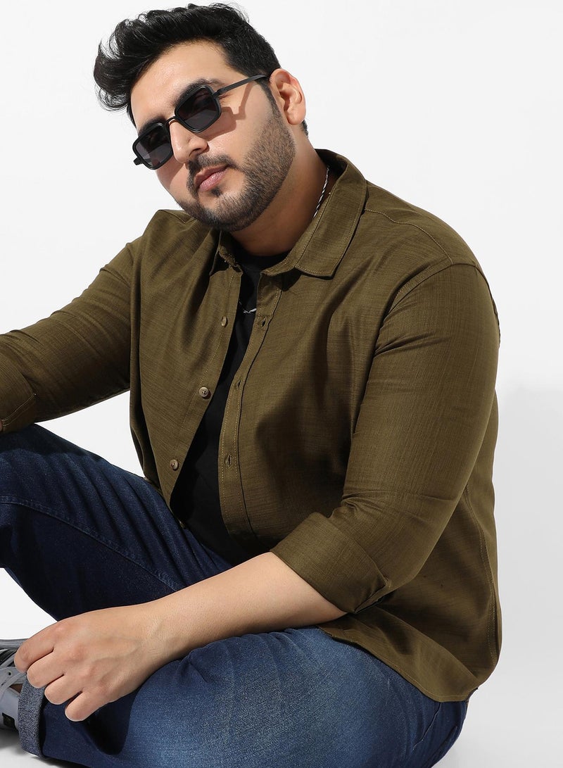 Instafab Plus Men's Solid Olive Green Regular Fit Casual Shirt - Image 2