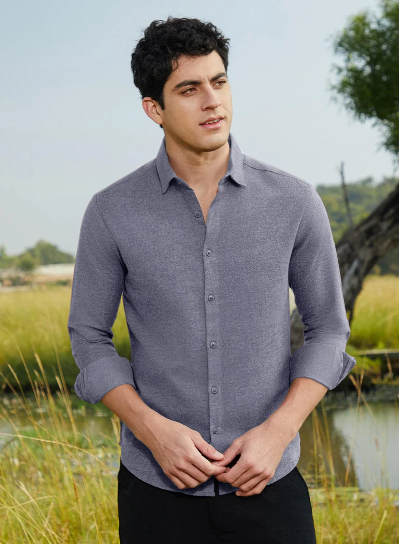 Campus Sutra Men's Aegean Blue Grainy Shirt For Casual Wear | Spread Collar | Long Cuffed Sleeves | Button Closure | Shirt Crafted With Comfort Fit For Everyday Wear