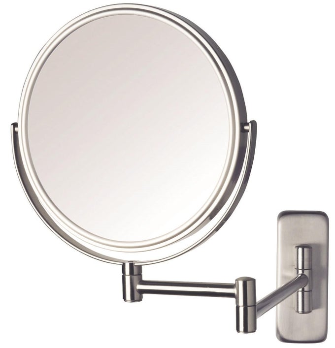 TWOSIDED WALL MOUNTED NICKEL FINISH MAKEUP MIRROR 5X1X MAGNIFICATION 8 DIAMETER MIRROR EXTENDS 135 MODEL JP7506N