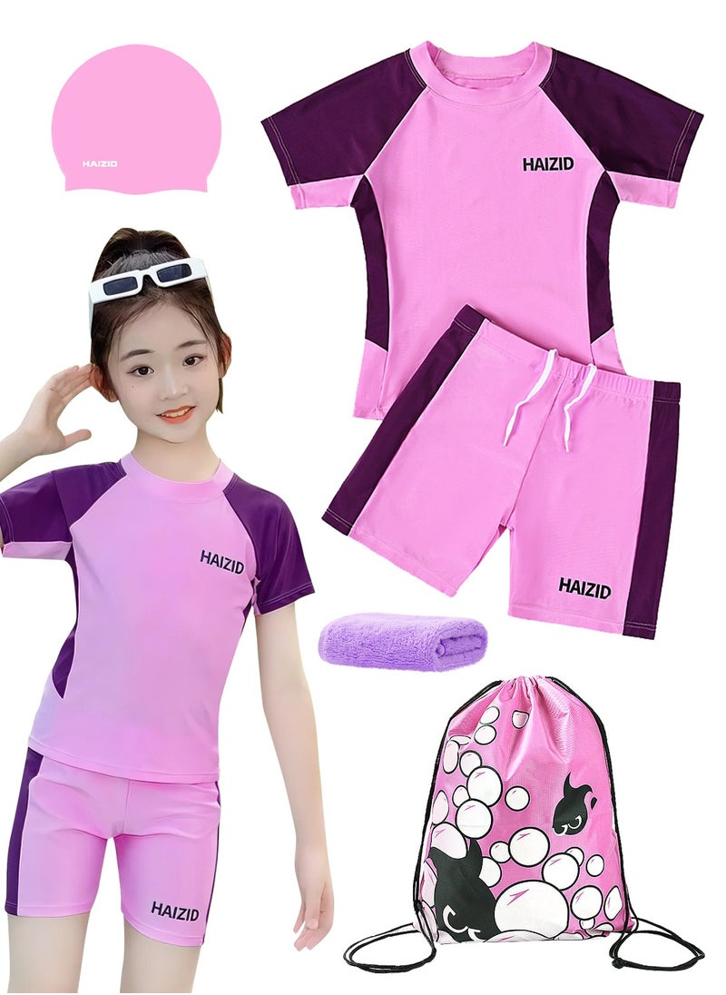 HAIZID Girls Rash Guard Swimsuit UPF 50+ Swim Bathing Suit 4 Piece Sun Protection Swimwear Set  - Image 1