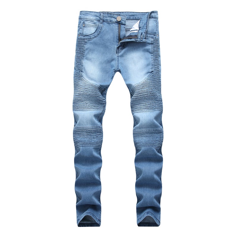 Generic Cross-border Source European and American Street Fashion Brand Motorcycle Mens Personality Wrinkled Slim-fit Pants Stretch Ripped Trendy Jeans 690 blue 