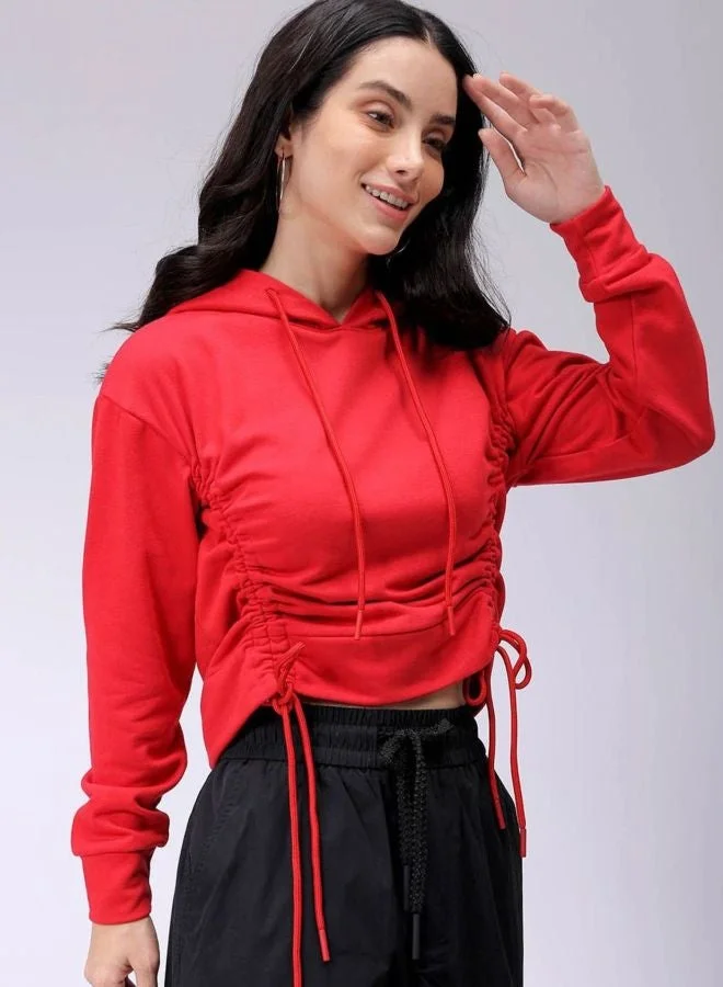 Women Relaxed Fit Solid Hooded Neck Long Sleeve Ruched Sweatshirt