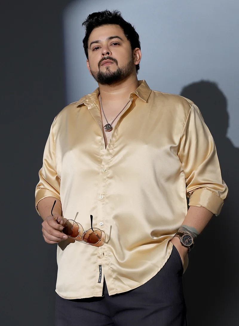 Instafab Plus Instafab Plus Men Solid-Satin Regular Shirt | Spread Collar , Long Cuffed Sleeves | Button Closure , Curved Hem | Solid Plain Material | Woven Fabric For Party & Evening Wear | Buff Beige