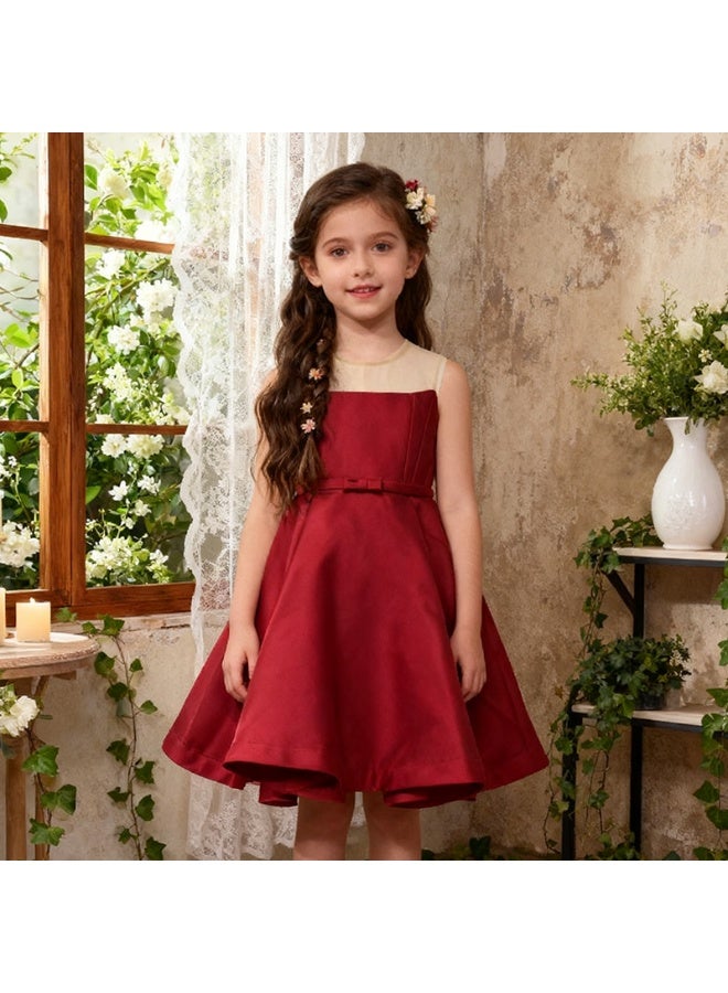 Christmas Red Satin Girls' Formal Dress - Spaghetti Strap, Mesh Yoke & Bow Belt, Flared Short Skirt - Ideal for Holiday Parties, Flower Girl Duties & Festive Special Occasions ﻿ - Image 1
