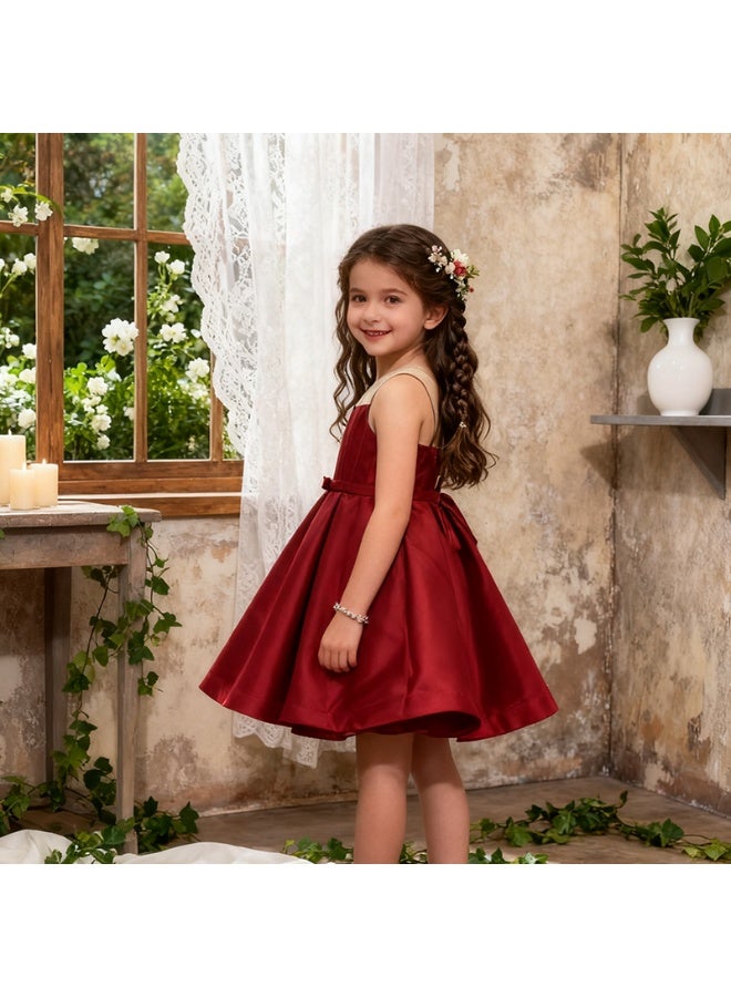 Christmas Red Satin Girls' Formal Dress - Spaghetti Strap, Mesh Yoke & Bow Belt, Flared Short Skirt - Ideal for Holiday Parties, Flower Girl Duties & Festive Special Occasions ﻿ - Image 5