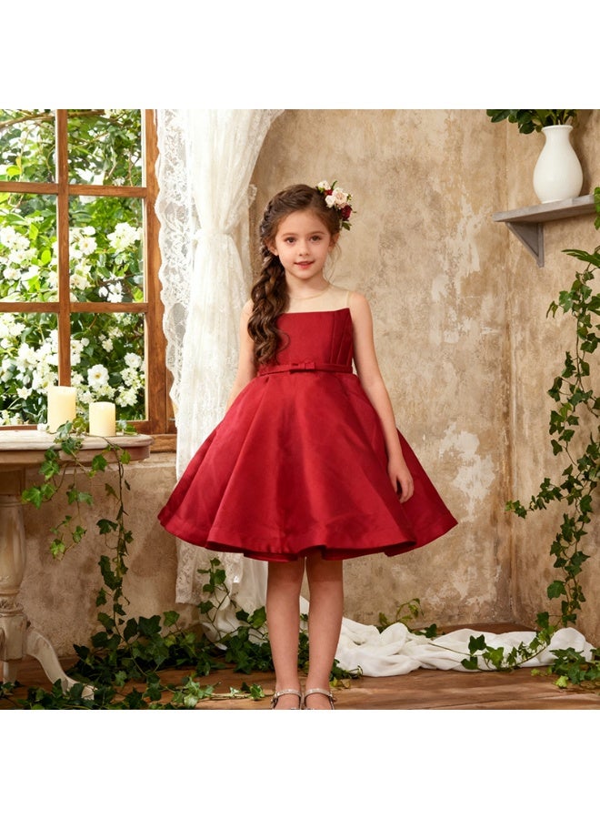 Christmas Red Satin Girls' Formal Dress - Spaghetti Strap, Mesh Yoke & Bow Belt, Flared Short Skirt - Ideal for Holiday Parties, Flower Girl Duties & Festive Special Occasions ﻿ - Image 3