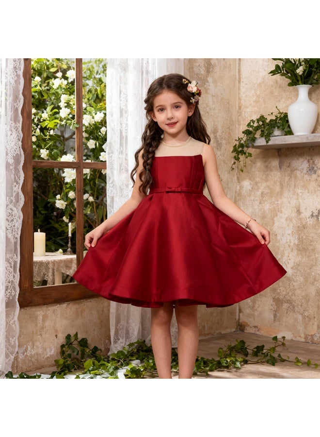 Christmas Red Satin Girls' Formal Dress - Spaghetti Strap, Mesh Yoke & Bow Belt, Flared Short Skirt - Ideal for Holiday Parties, Flower Girl Duties & Festive Special Occasions ﻿ - Image 4