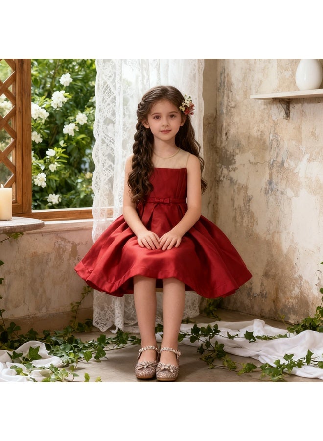 Christmas Red Satin Girls' Formal Dress - Spaghetti Strap, Mesh Yoke & Bow Belt, Flared Short Skirt - Ideal for Holiday Parties, Flower Girl Duties & Festive Special Occasions ﻿ - Image 2