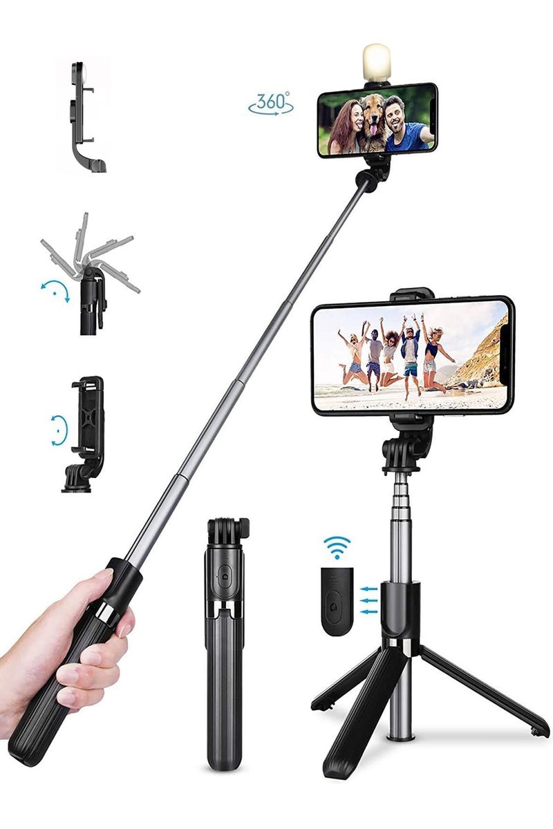 HEROCKX 66.93" (170cm) Selfie Stick Tripod Extendable Handheld Selfie Stick with Rechargeable Bluetooth Remote Control, Detachable Fill Light, 360° Rotation, Compatible with iPhone and Android Smartphones, Great for Travel, Vlog, Video and Photo, Black - Image 1
