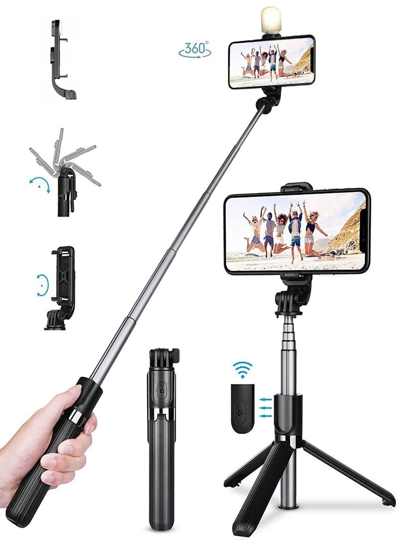 هيروكس حامل ثلاثي لعصا السيلفي، عصا سيلفي محمولة قابلة للتمديد مع جهاز تحكم عن بعد بلوتوث قابل لإعادة الشحن، ضوء تعبئة قابل للفصل، دوران 360 درجة، متوافق مع هواتف iPhone وAndroid الذكية - Image 1