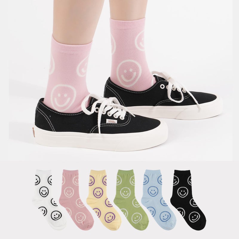 kikiya socks Women Cute Crew | 6 Pairs Smiley Face Print Happy Smile Pattern with Pastel Color Polka Dots Preppy Pink Design Daily Trouser Boot Cotton Socks | Womens Ladies Girls Gift | Big Smile C - Image 2