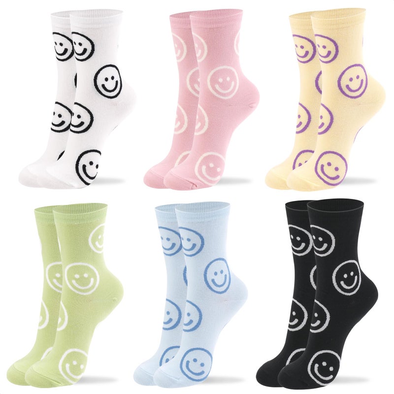 kikiya socks Women Cute Crew | 6 Pairs Smiley Face Print Happy Smile Pattern with Pastel Color Polka Dots Preppy Pink Design Daily Trouser Boot Cotton Socks | Womens Ladies Girls Gift | Big Smile C - Image 1