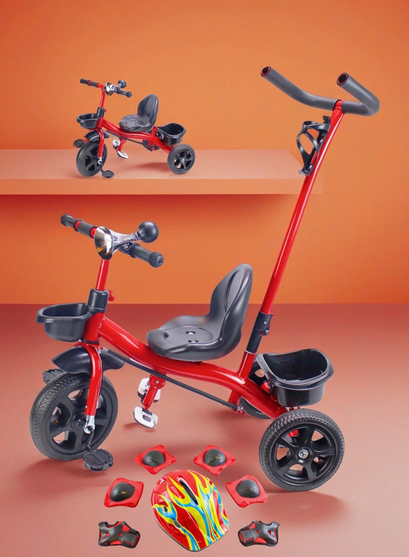 إيزي فيتشور دراجة ثلاثية العجلات سهلة الاستخدام للأطفال مع مقبض دفع للوالدين - لعبة دراجة أطفال مع سلة تخزين متوفرة باللون الرمادي والأحمر والوردي. تتضمن العبوة مجموعة كاملة من معدات الحماية - Image 1
