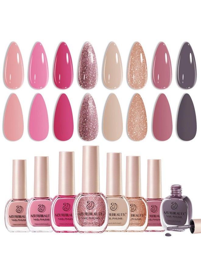 AZUREBEAUTY AZUREBEAUTY Vegan Nail Polish Set 8 Colors, Hot Pink Nude Grey Glitter Quick Dry Natural Nail Lacquer Strengthening Treatment Kit DIY Salon  - Image 1
