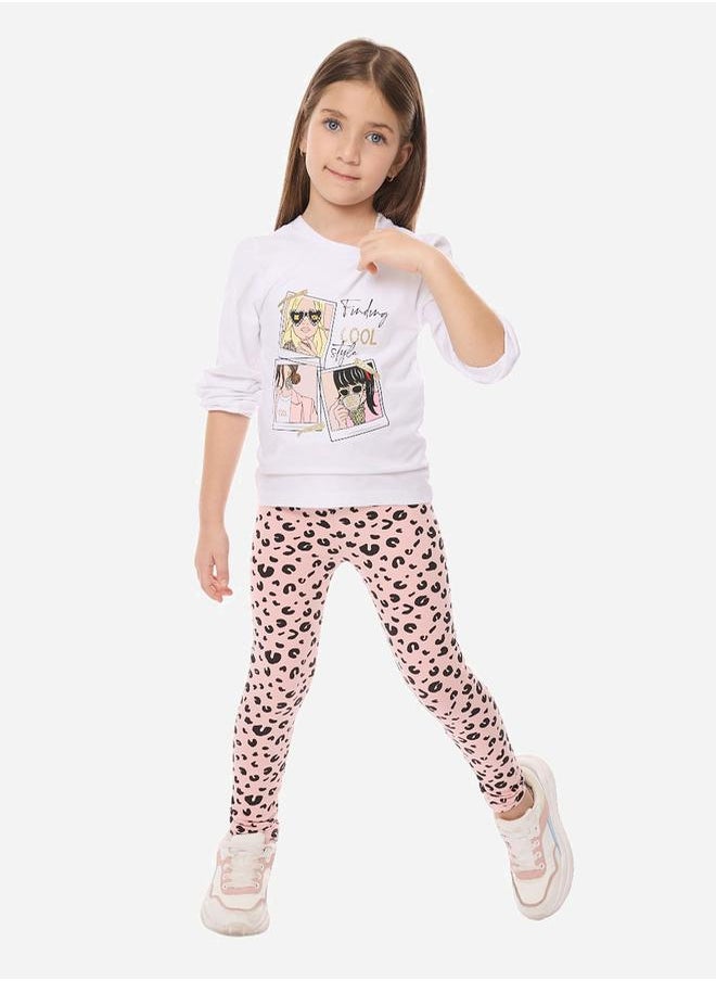 victor and jane - Graphic Print Round Neck T-shirt & Animal Print Legging Set by Styli - Image 1