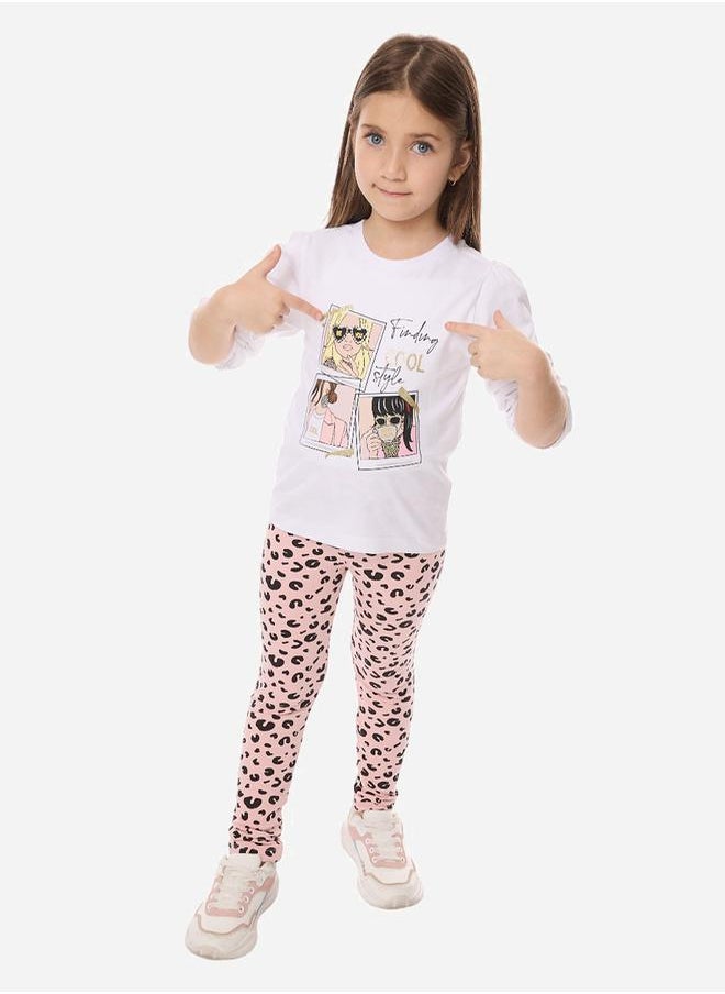victor and jane - Graphic Print Round Neck T-shirt & Animal Print Legging Set by Styli - Image 1