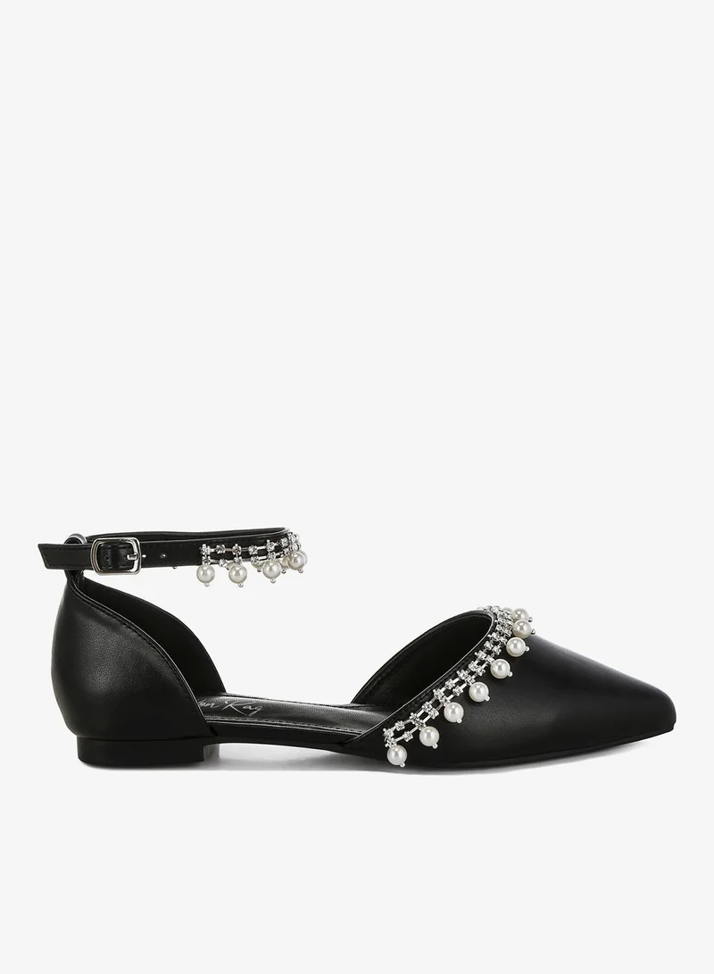 Rhinestone & Pearl Ankle Strap Flat Sandals in Black