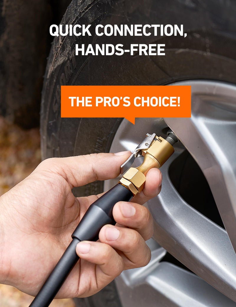 AstroAI Air Chuck, Heavy Duty Open Flow Lock On Tire Chuck with Clip for Inflator Gauge Compressor Accessories, Yellow - Image 5