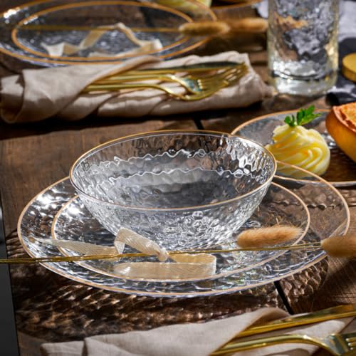 R-kay 100 Pack 7 Inch Clear Plastic Plates - Hammered Gold Rimmed Sturdy, Durable And Extra Heavy duty Gold Plastic Dessert, Appetizer Plates Disposable For All Occasions - Image 4