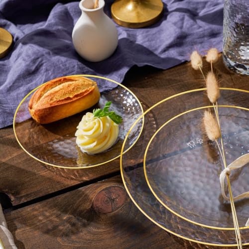 R-kay 100 Pack 7 Inch Clear Plastic Plates - Hammered Gold Rimmed Sturdy, Durable And Extra Heavy duty Gold Plastic Dessert, Appetizer Plates Disposable For All Occasions - Image 2