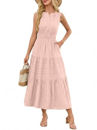 Funlingo Midi Dresses for Women Spring Pink Lightweight Elastic Waist V Neck Cocktail Dress Tiered Cotton Professional Dresses for Church Work Holidays Wedding XL - Image 1