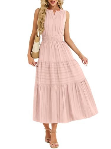 Funlingo Midi Dresses for Women Spring Pink Lightweight Elastic Waist V Neck Cocktail Dress Tiered Cotton Professional Dresses for Church Work Holidays Wedding XL - Image 5