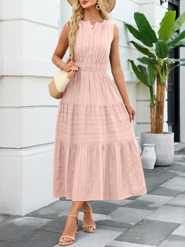 Funlingo Midi Dresses for Women Spring Pink Lightweight Elastic Waist V Neck Cocktail Dress Tiered Cotton Professional Dresses for Church Work Holidays Wedding XL - Image 3