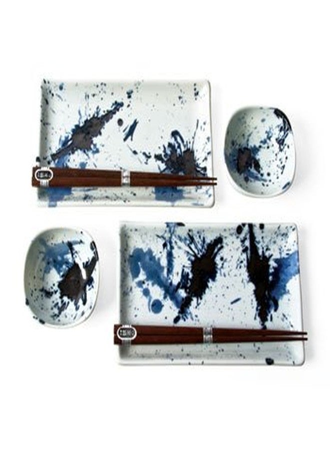 MIYA Blue Splash Sushi Plates for 2 - Modern Ceramic Glazed Rectangular Sushi Plates - Image 1