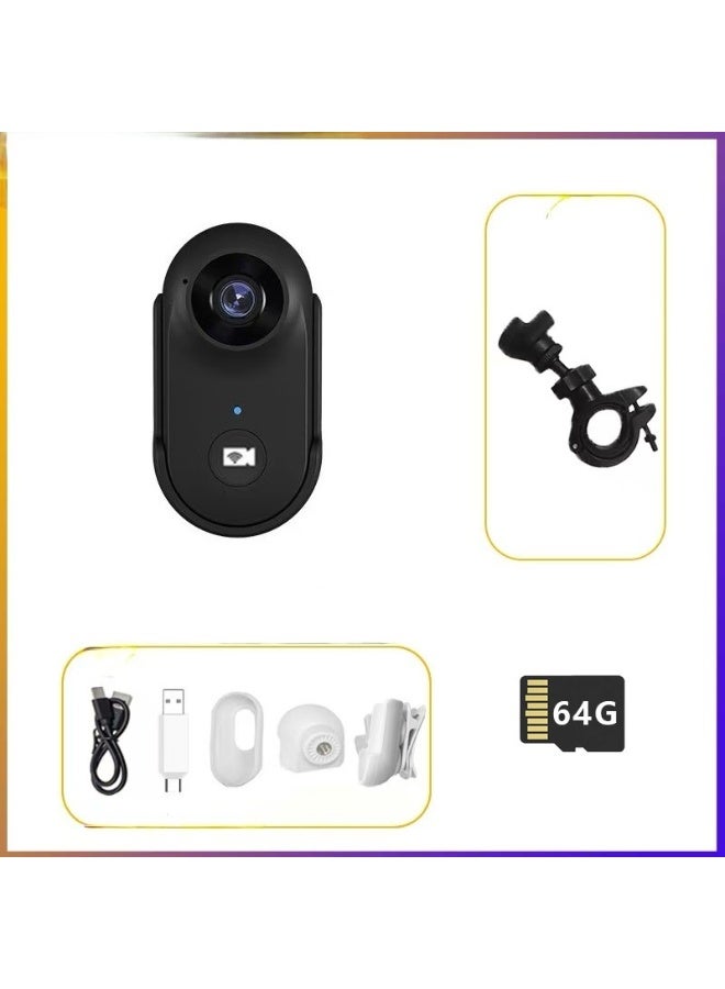 شابية كاميرا أكشن صغيرة، كاميرا أكشن للجسم قابلة للارتداء، كاميرا فيديو أكشن محمولة ممتازة، كاميرا تسجيل بدون استخدام اليدين بحجم الإبهام، للسفر والحيوانات الأليفة والتصوير تحت الماء (تحتوي على بطاقة ذاكرة 64 جيجابايت، كابل بيانات، محول، غطاء سيليكون، قاعدة، مشبك خلفي، حامل دراجة، أسود) - Image 1