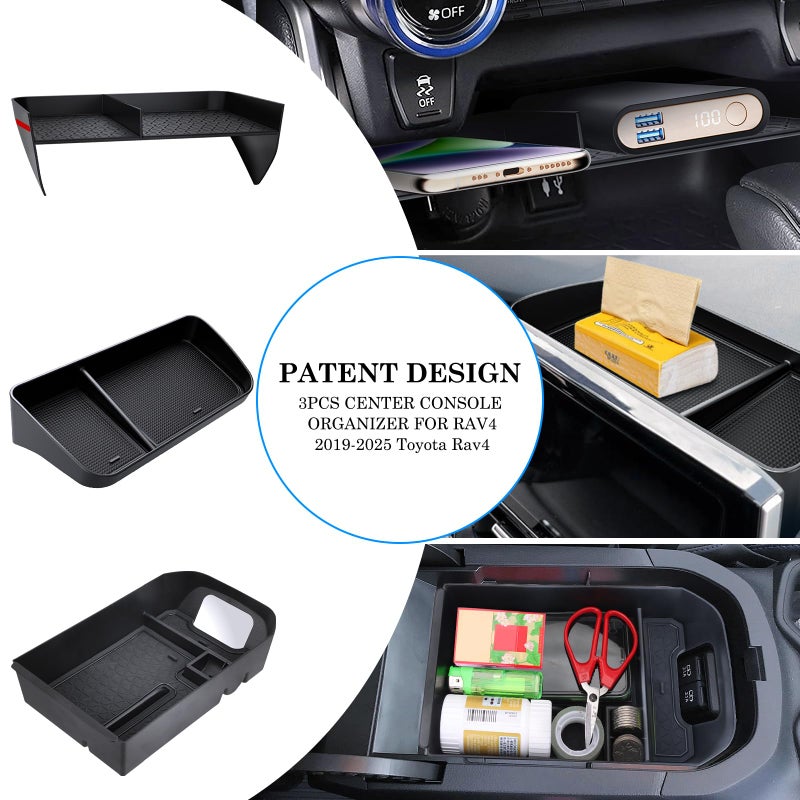 DIAMOOKY Upgraded Center Console Organizer Compatible with Toyota RAV4 2025 2024 2023 2022-2019 Interior Accessories, Armrest Storage Box, Dash Storage Tray(Not for New 10.5'' Multimedia Display)-3pcs - Image 2