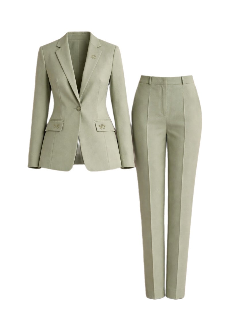 Lavandera Women's Linen Suit, Blazer and Trouser Set, Shrink-Resistant, Gold-Tone Buttons, Business Formal Style, Sage Green - Image 1