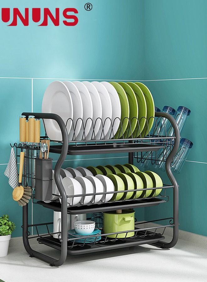 UNUNS Large Dish Drying Rack, 3 Tier Dish Rack with Tray Utensil Holder & Cup Holders, Large Capacity Rustproof Dish Drainer, Drain Board Tray for Kitchen Counter Organizer Storage for Kitchen Counter - Image 1