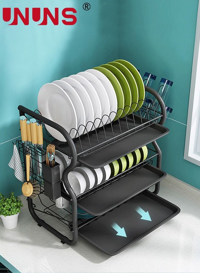 UNUNS Large Dish Drying Rack, 3 Tier Dish Rack with Tray Utensil Holder & Cup Holders, Large Capacity Rustproof Dish Drainer, Drain Board Tray for Kitchen Counter Organizer Storage for Kitchen Counter - Image 3