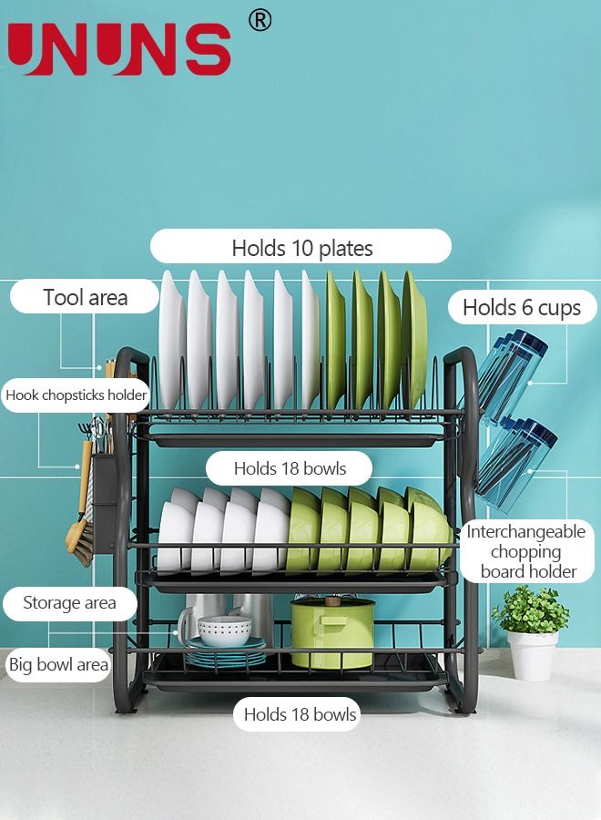UNUNS Large Dish Drying Rack, 3 Tier Dish Rack with Tray Utensil Holder & Cup Holders, Large Capacity Rustproof Dish Drainer, Drain Board Tray for Kitchen Counter Organizer Storage for Kitchen Counter - Image 2
