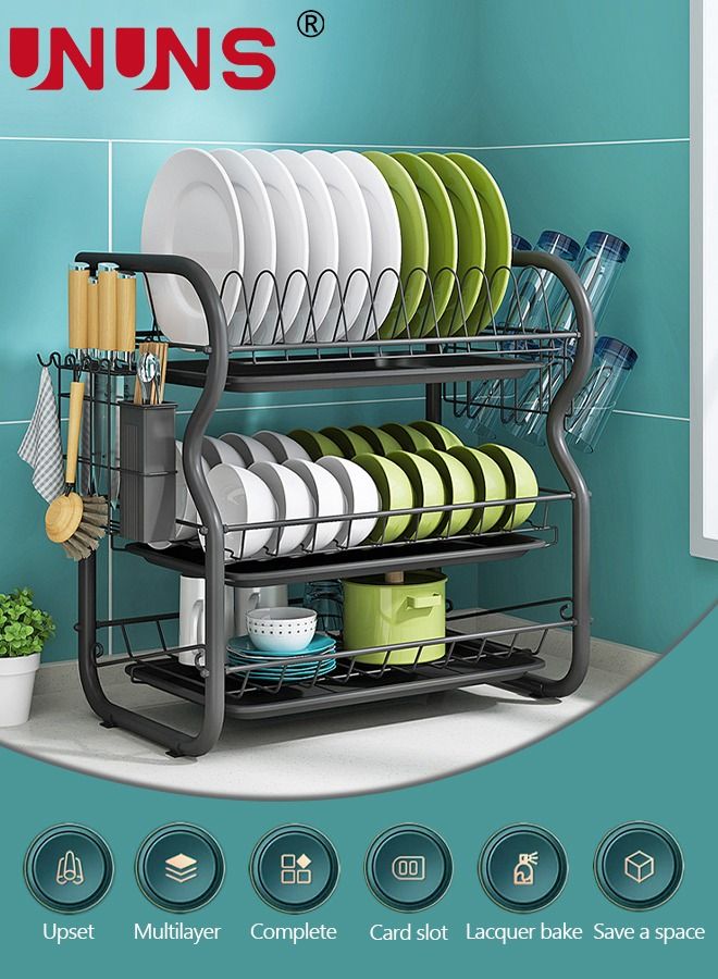 UNUNS Large Dish Drying Rack, 3 Tier Dish Rack with Tray Utensil Holder & Cup Holders, Large Capacity Rustproof Dish Drainer, Drain Board Tray for Kitchen Counter Organizer Storage for Kitchen Counter - Image 5