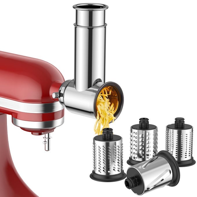 STAINLESS STEEL SLICER SHREDDER ATTACHMENT FOR KITCHENAID STAND MIXER CHEESE GRATER ATTACHMENT FOR KITCHENAID SALAD MAKER GRINDING POWDER DISHWASHER SAFE WITH 4 BLADES BY
