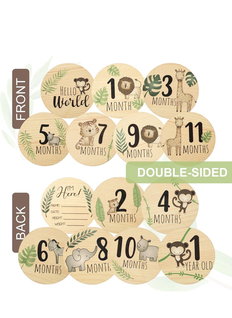 Y&D - Baby Monthly Milestone with Announcement Sign Wooden Newborn Welcome Discs Round New Double Sided Printed for Boys Girls Photo Prop Shower - Image 1