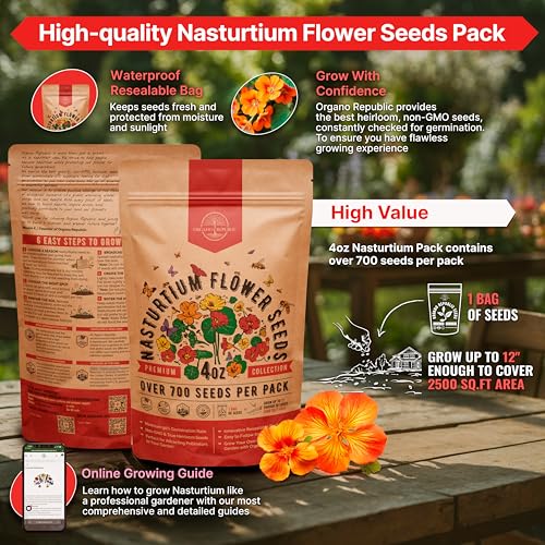 Organo Republic Nasturtium Seeds Pack 4 oz - Over 700 Non-GMO Heirloom Nasturtium Seeds for Planting, Edible Flowers in Individual Seed Packet for Planting Home Garden Indoor & Outdoor Gardening - Image 2