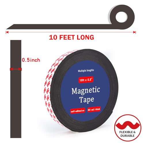 Towjug 10 Feet x1/2 in Magnetic Tape Strips Roll with 3M Adhesive Backing, Flexible Sticky Magnet Tape for Lightweight Craft DIY Projects, Whiteboards and Fridge Organization (0.06" Thick) - Image 2