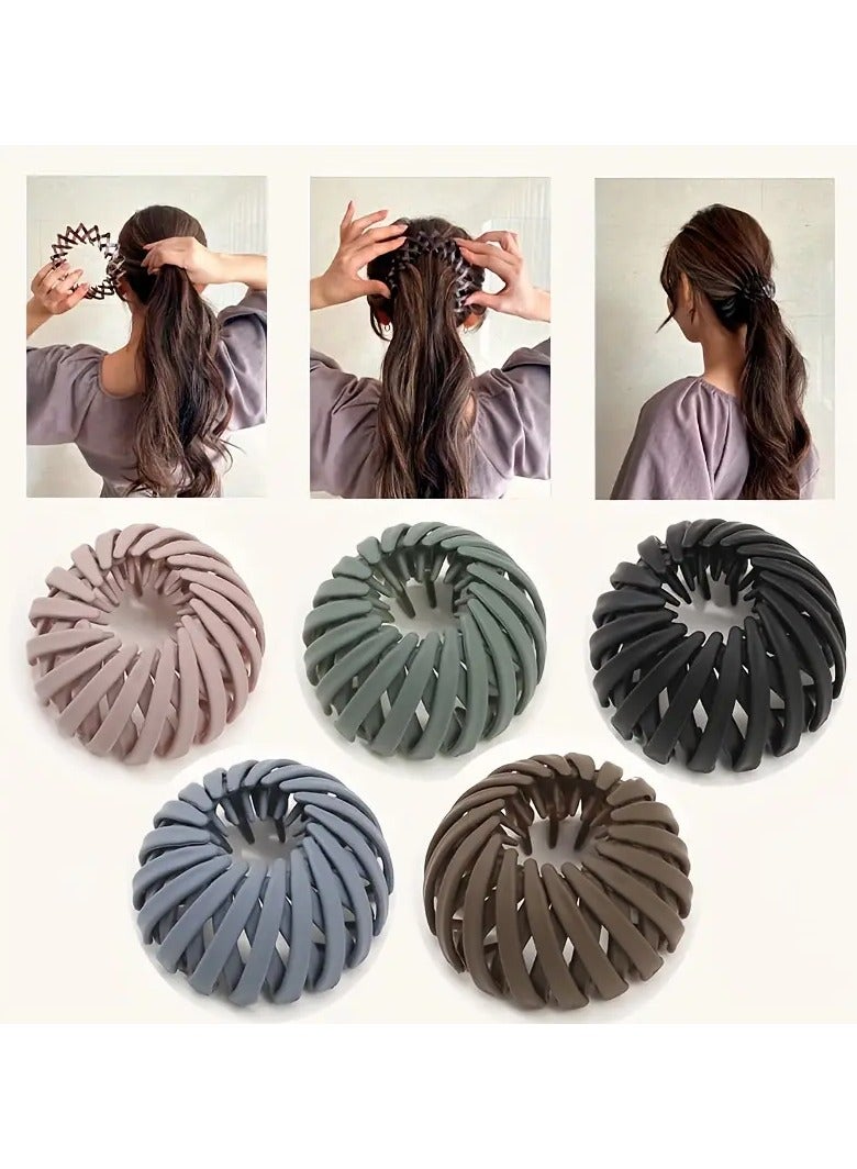 Goolsky 5pc Fantasy Themed Matte Bun Ponytail Hair Clip, Semicircular Plastic Hair Accessory with Bow Embellishment for Women, Prom Occasion - Image 1