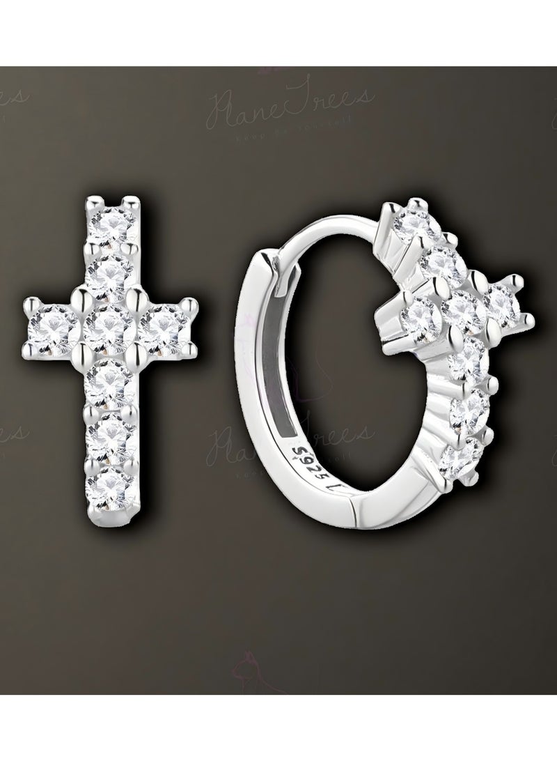 Plane Trees S925 Sterling Silver Hoop Earrings with Crystal Cross – Elegant Micro-Pavé Design for Women - Image 1