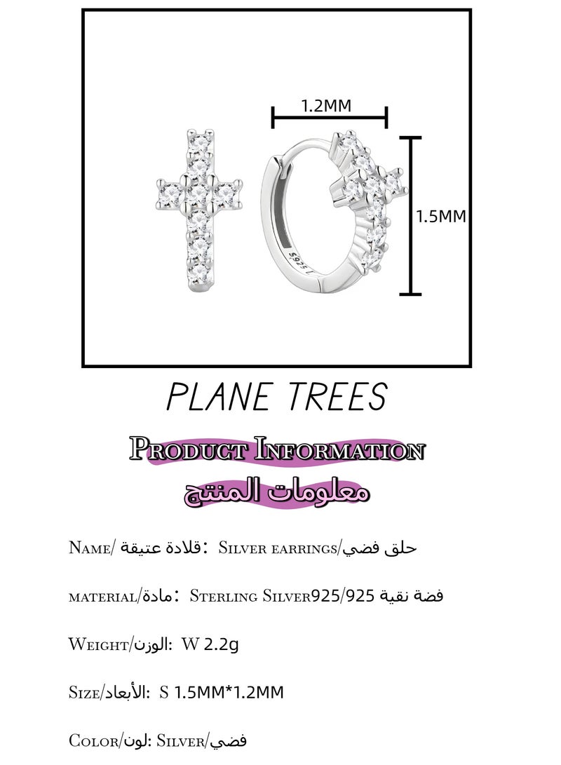 Plane Trees S925 Sterling Silver Hoop Earrings with Crystal Cross – Elegant Micro-Pavé Design for Women - Image 3