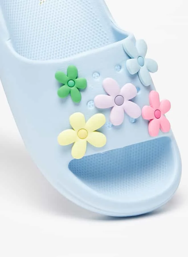أكوا Girls Floral Accent Slip-On Slide Slippers