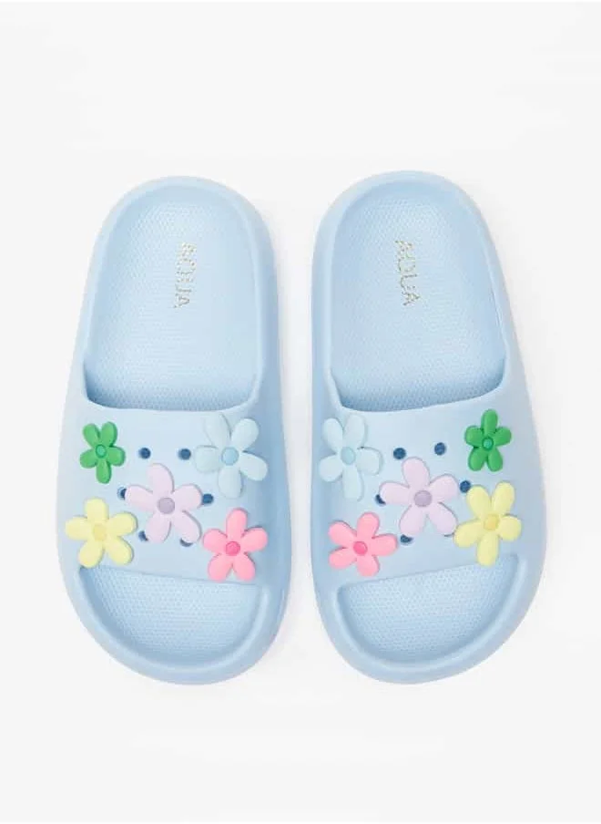 أكوا Girls Floral Accent Slip-On Slide Slippers